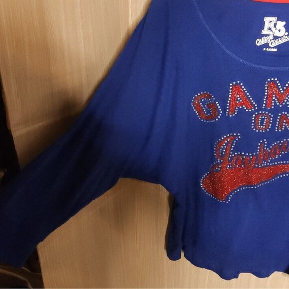 University Of Kansas E5 Blue Game On Shimmer Dolman Sleeve Wide Neck Top XL - Picture 5 of 8